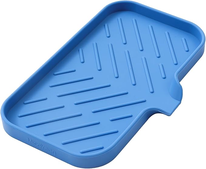 MicoYang Silicone Soap Dish with Drain Spout — Self-Draining Sink Organizer Tray for Bathroom & Kitchen, Sponges, Dispensers & Soap Holder, Non-Slip & Dishwasher Safe, Lichen Blue (Medium, 9.6"×5.3")