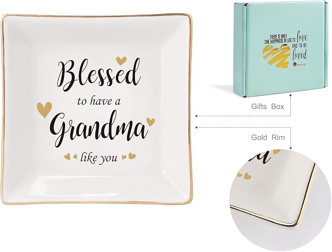 HOME SMILE Mother's Day Gifts for Grandma,Grandmother Ceramic Ring Jewelry Dish Tray Plate for Birthday Valentine's Christmas-Blessed to Have A Grandma Like You