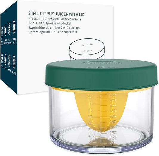 KITCHENDAO 2 in 1 Lemon Orange Citrus Juicer with lid for Sanitary Storage, Manual Hand Squeezer with Built-in 16OZ Measuring Cup, Multi-function Manual Juicer with Reamers and Non-Slip Base, BPA Free