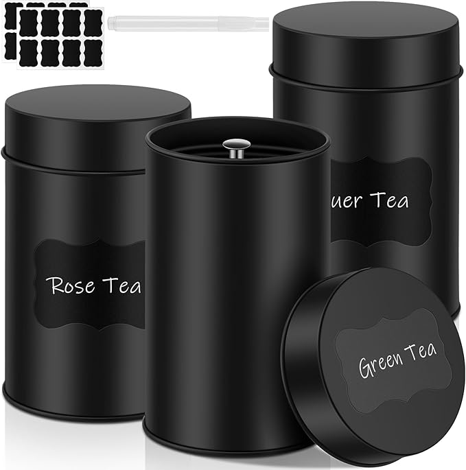 Tanlade 3 Pcs Tea Tin Canisters Airtight Double Lid Metal Storage Containers with Erasable Labels Marker, 14 oz Round Tins for Loose Leaf Tea Coffee Sugar Spice Pantry Organization