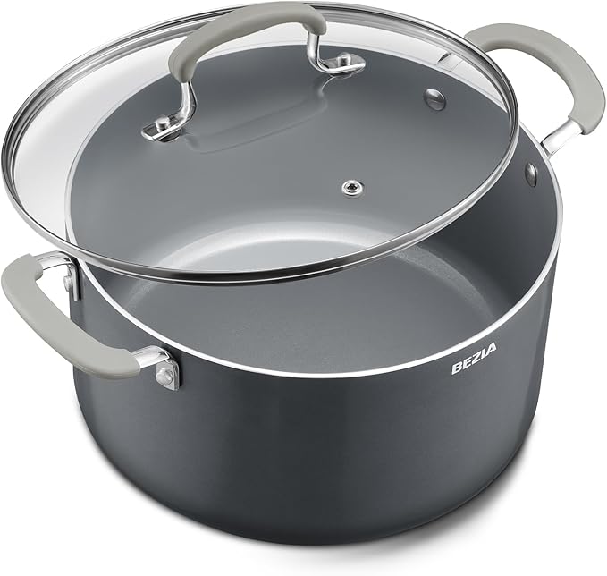 BEZIA 6QT Non Stick Stock Pot with Lid, Ceramic Induction Cooking Pot | Stay-Cool Silicone Handles, Oven Safe & Easy Cleanup, for All Stovetops, for Broccoli Cheddar Soup, Side Dishes, Daily Meals