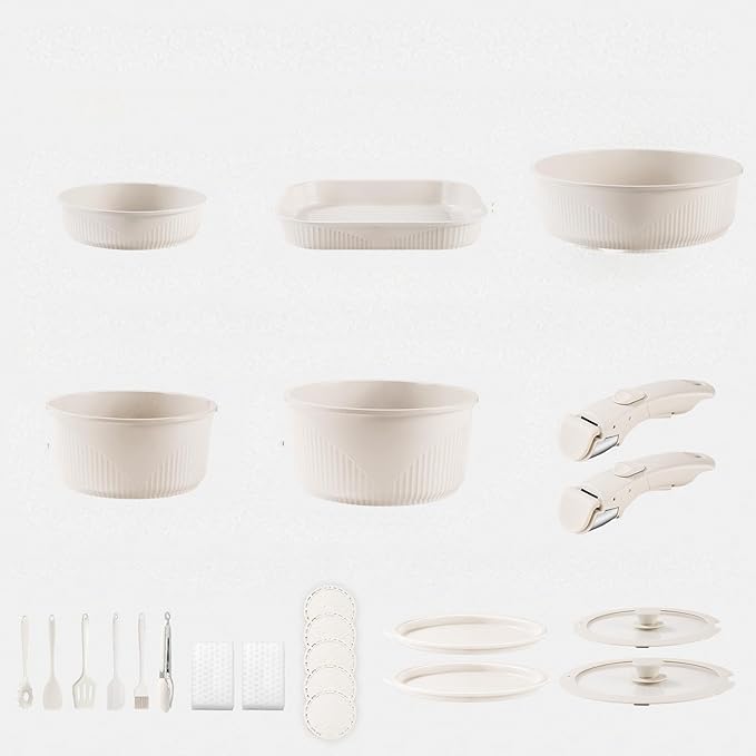 24-Piece Non-Stick Cookware Set with Stackable Storage, Kitchen Collection Including 8-10 Inch Skillets, Casserole Dish, Removable Handle, Utensils, Silicone Mat, Storage Lid (White)