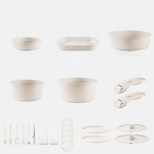 24-Piece Non-Stick Cookware Set with Stackable Storage, Kitchen Collection Including 8-10 Inch Skillets, Casserole Dish, Removable Handle, Utensils, Silicone Mat, Storage Lid (White)