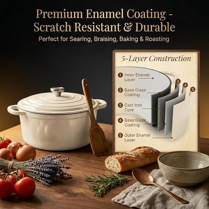 Nonstick Enameled Cast Iron Cookware Set - 8 Piece Pots and Pans with Lid, Frying Pan, Skillet, Dutch Oven Set for All Stovetops, Ideal for Sourdough Bread Baking, Comes with Organizer, Cream White