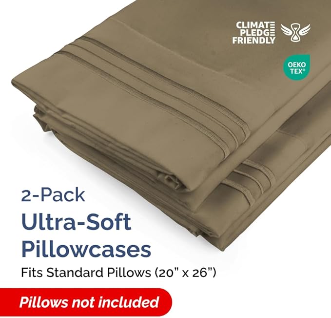 Standard Pillow Cases Set of 2 - Ultra-Soft Hotel Quality Pillowcase Covers - Comfy & Wrinkle Free - Stain and Fade Resistant - Machine Washable Pillow Protectors - 2 Piece Set - Standard Khaki
