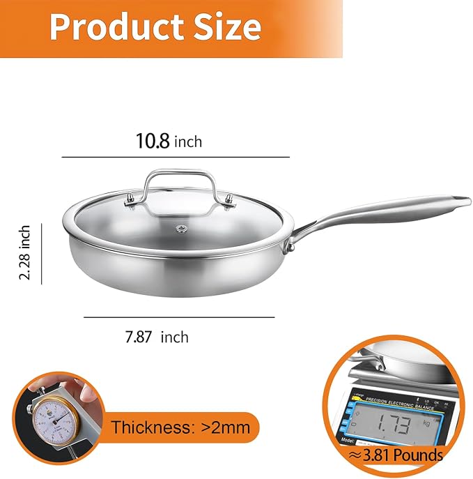 DELARLO Tri-ply Stainless Steel Frying Pan with Lid 10.3Inch | Heavy Duty, Compatible with All Cooktop, up to 600℉, Fast & Even Heating, PTFE & PFOA Free, Oven Safe Skillet