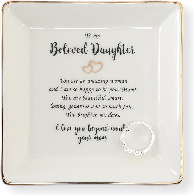 HOME SMILE Gifts for Daughter From Mom Ring Dish Jewelry Tray,Birthday Mother's Day　Gifts for Adult Daughter -I Love You Beyong Words,Your Mom