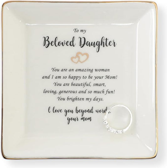 HOME SMILE Gifts for Daughter From Mom Ring Dish Jewelry Tray,Birthday Mother's Day　Gifts for Adult Daughter -I Love You Beyong Words,Your Mom