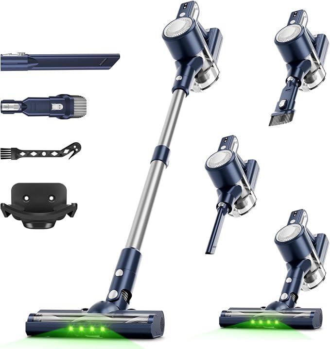 Cordless Vacuum Cleaner: Powerful Suction Stick Vacuum, Anti-Tangle Brush | Portable 6-in-1 Rechargeable Vacuum, Green LED Light, Ideal for Pet Hair, Low-Pile Carpets & Hard Floors-Dark Blue