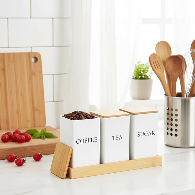 Coffee Tea Sugar Container with Tray, Set of 3 Square Airtight Metal Storage Canister with Bamboo Lids White Metal Teas and Coffee Canisters Set for Kitchen, Dining, Cupboard, Snack