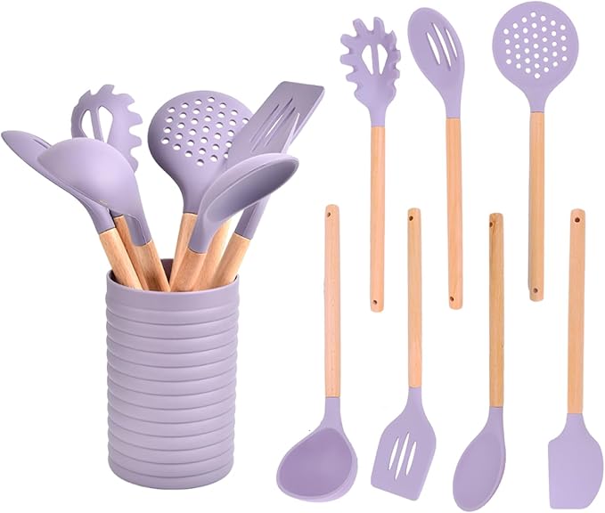 Silicone Kitchen Utensil Set,8 Pieces Cooking Kitchen Utensils Set with Wooden Handle,Non Stick Silicone Gadgets Utensil Set with Holder,Heat Resistant Cooking Tools Set for Cooking (Purple)