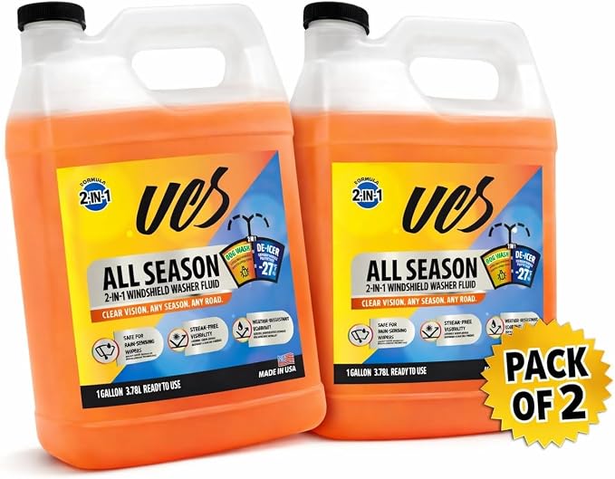 UCS Advanced All-Season Windshield Washer Fluid Winter Protection to -27F | 2-in-1 Bug Wash & Water Beading Technology | Streak-Free Visibility | 1 Gallon Pack of 2