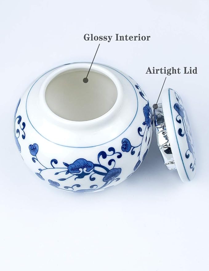 Dahlia Blue and White Porcelain Tea Canister for Loose Tea, Airtight Jingdezhen Tea Caddy, Lingzhi 250 ML