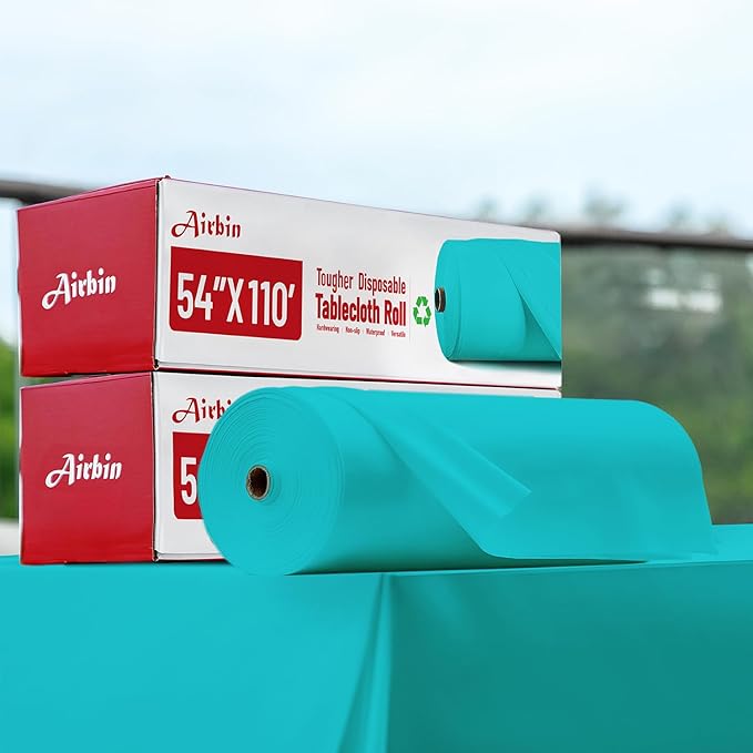 Plastic Table Cloth, 110 Ft X 54 In Disposable Tablecloth Light Blue Tablecloth Premium PEVA Plastic Table Cloth Disposable with Any Cut Sliding Cutters for Picnics, Parties, Birthdays, Festivals