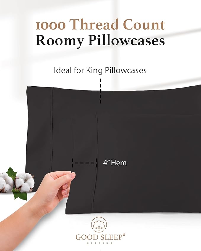 1000 TC Dark Gray King Pillowcases Set of 4 100% Egyptian Cotton Pillow Cases with Long Staple Cotton & Sateen Weave, Silky Soft Hotel - Like Bed Pillow Covers for Comfy Sleeping, Snug Fit