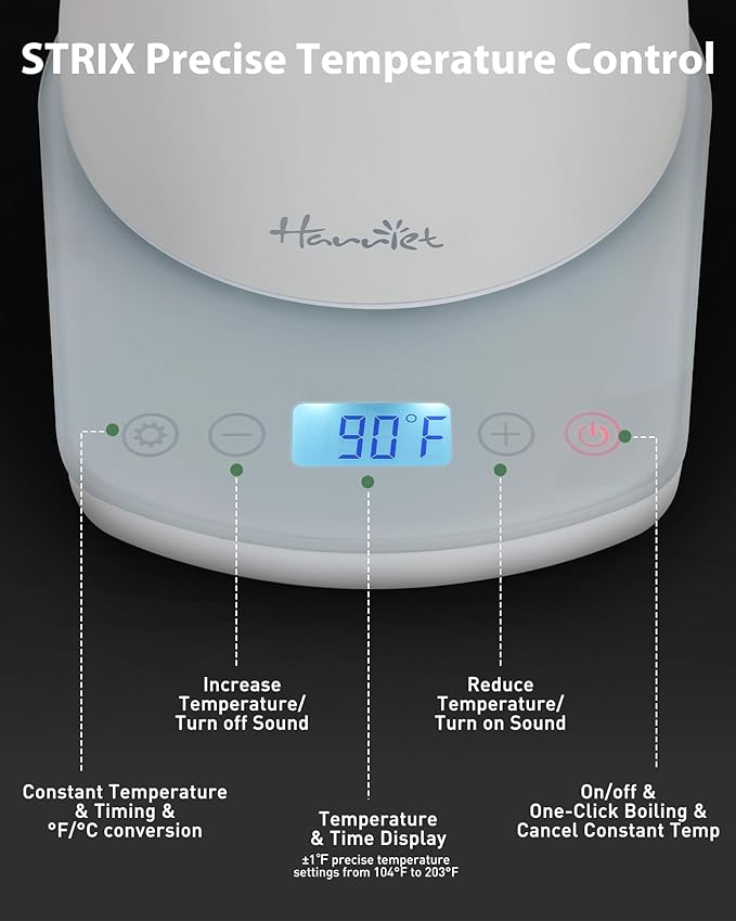 Harriet Gooseneck Electric Kettle 1200W Fast Heat, 0.8L Stainless Steel, Precision Temp Control & Timer, Wood Handle