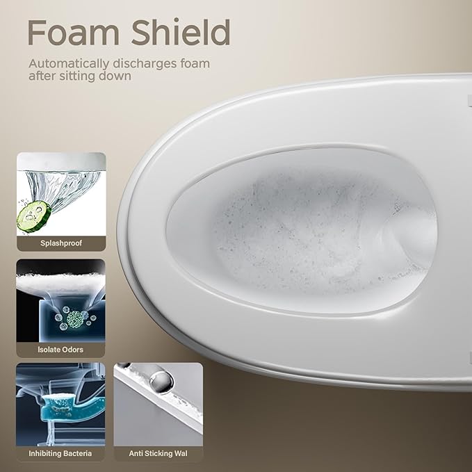 Smart Toilet with Bidet Built In ADA Height 17.7", One Piece Tankless Bidet Toilet with Auto Open Close, Foam Shield, Voice Control Modern Elongated Toilet with Heated Seat, Warm Water & Dryer