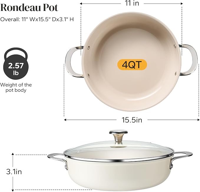 Redchef Ceramic Stock Pot, 4 QT Soup Pot with lid, Induction Cooking Pot Stockpot for All Stoves, Nonstick Pasta Pot for Stews, Even Heating, Stay Cool Handle, Oven/Dishwasher Safe, PFAS Free (Beige)
