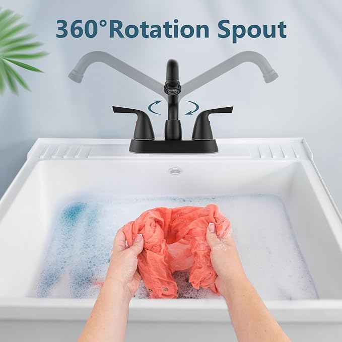 Aolemi Laundry Sink Faucet 4 Inch Centerset, Utility Sink Faucets with Swivel Spout and 3/4" NPT Threaded End, 2-Handle Faucet for Laundry or Utility Room, Matte Black