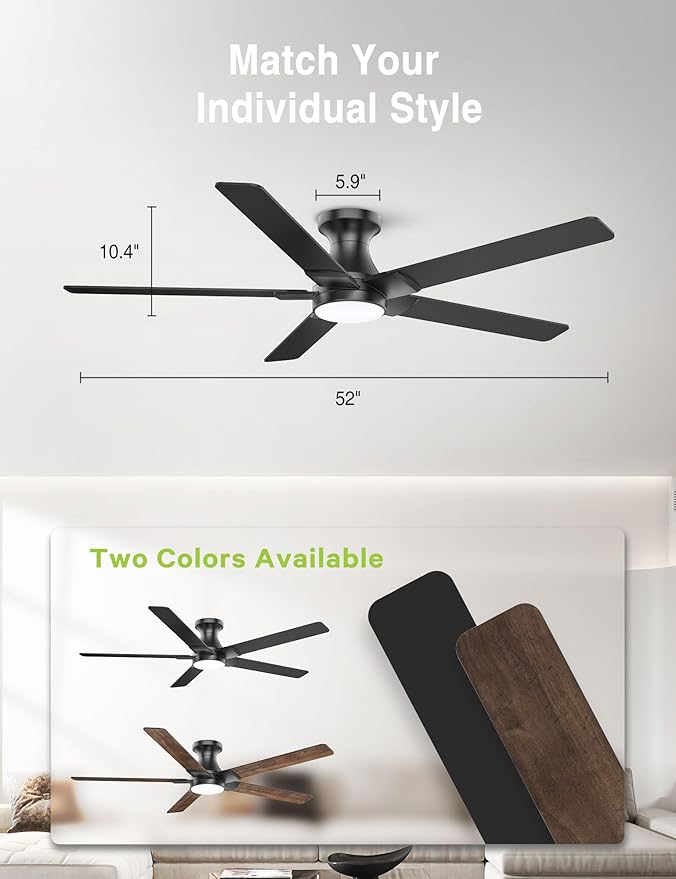DAMINY 52 inch Black Ceiling Fans with Lights,5 Blades,6CCT, Low Profile,Remote Control,for Bedroom, Kitchen,Living Room,Indoor/Outdoor Use,Flush Mount