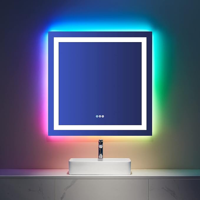 LOAAO 36"X36" RGB LED Bathroom Mirror with Lights, Anti-Fog, Dimmable, Lighted Bathroom Vanity Mirror, Multiple Light Modes, RGB Backlit + Front Light, Memory Function, Tempered Glass, ETL Listed
