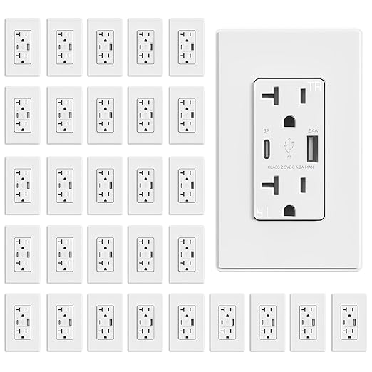 ELEGRP USB Charger Wall Outlet - 20 Amp Duplex Tamper Resistant Receptacle with USB A & C Ports, NEMA 5-20R, Wall Plate Included, UL Listed, 30 Pack, Matte White