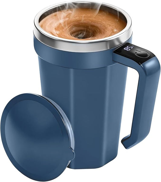 Self Stirring Coffee Mug with Temperature Display, 18 oz Rechargeable Self Stirring Mug with Lid, Automatic Self Stirring Cup, Coffee Mug with Stainless Steel for Coffee, Milk, Beverages, Blue