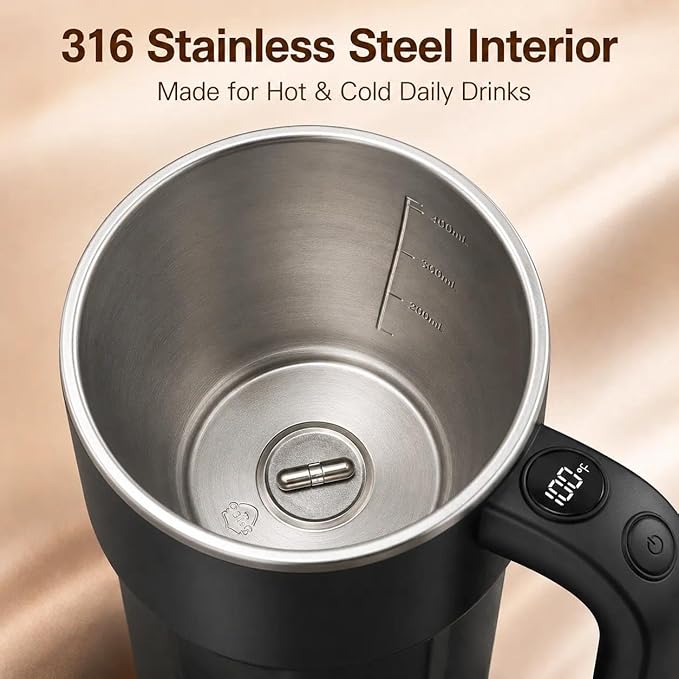 Self Stirring Coffee Mug, 12oz Rechargeable Magnetic Mixing Cup with Temperature Display, 316 Stainless Steel Electric Stirring Cup with Lid & Handle for Coffee, Cocoa, Matcha, Creamer, Mushroom Coffe
