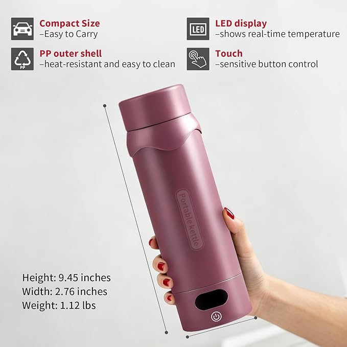 Insulated Stainless Steel Travel Electric Kettle Small, Smart Water Bottle with 4 temperature control, Leak-Proof, Mini Travel Essentials Portable Office Gifts for Tea Lovers, Black Cherry