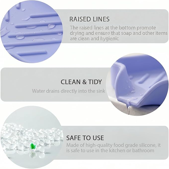 MicoYang Silicone Soap Dish with Drain Spout, Self-Draining Sink Organizer Tray for Bathroom & Kitchen, Sponges, Dispensers & Soap Holder, Non-Slip & Dishwasher Safe, Light Purple (Compact, 4.9"×3.2")