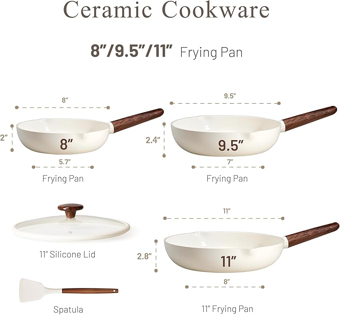 CAROTE Nonstick Frying Pans Skillets, Ceramic Coating Non-Stick Frying Pans Set, 5 PCS, Non-toxic Healthy & PFOA Free, Induction Compatible, 8+9.5+11 Inch with Colander Lid and Spatula, Cream White