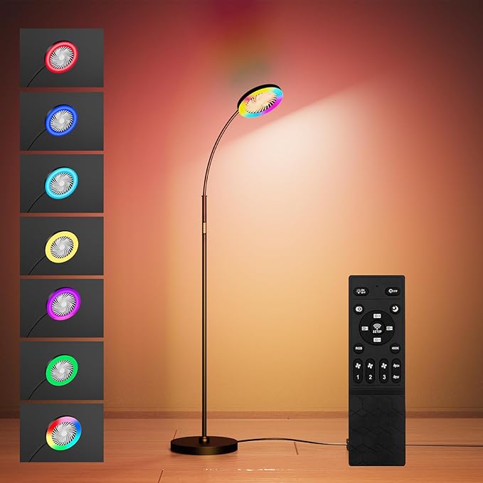 Floor Fan with RGB Lights Lamp 18w 1200Lm LED Light Fixture with Standing Fan and Remote（Black）