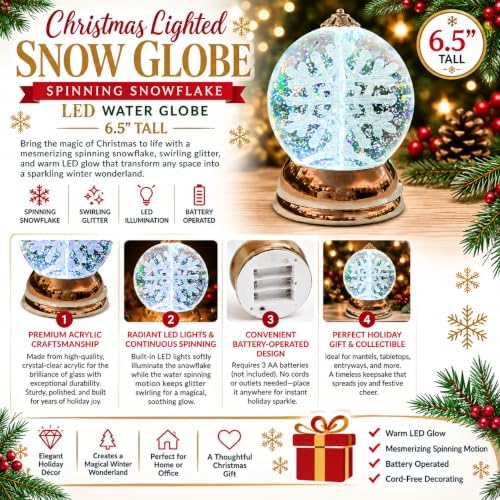 Christmas Lighted Snow Globe 6.5” Spinning Snowflake LED Water Globe by MOMENTS IN TIME – Battery Operated Acrylic Christmas Decoration for Mantel or Tabletop Display
