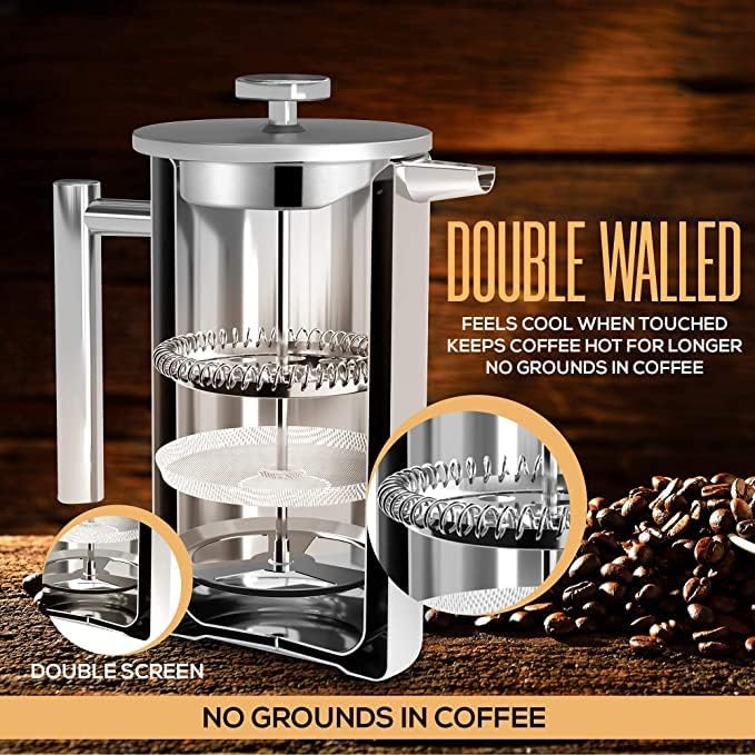 Utopia Kitchen 304 Grade Stainless Steel French Press Coffee Maker 17 Oz, Double Wall Insulated Coffee Press with 4-Level Filtration system, Include 2 Extra Filters, Rust-Free, Dishwasher Safe, Silver