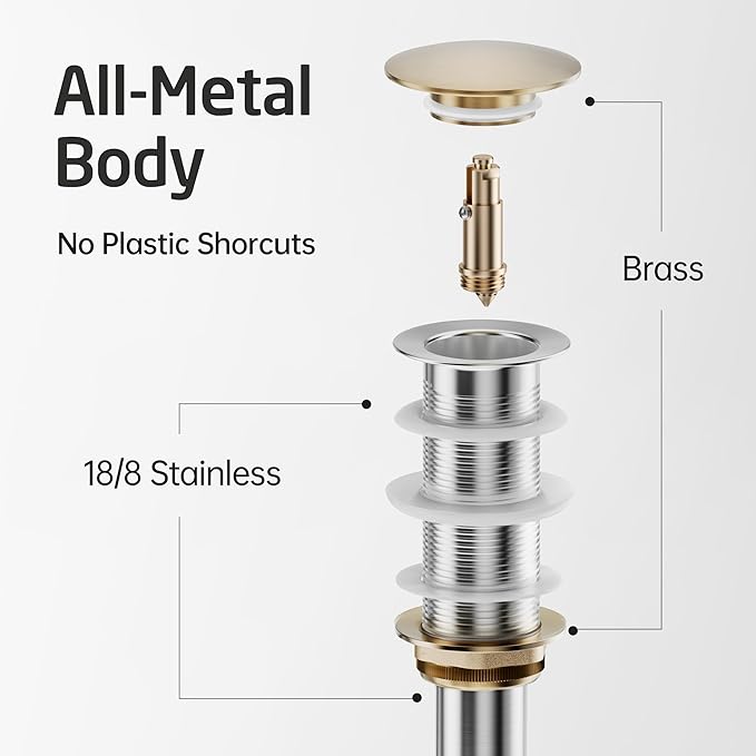 KES Polished Chrome Bathroom Sink Drain with Extended Thread, All Metal Pop Up Drain Stopper without Overflow for Thicker Vessel Sinks and Countertops, Brass and Stainless Steel, S2022D-CH