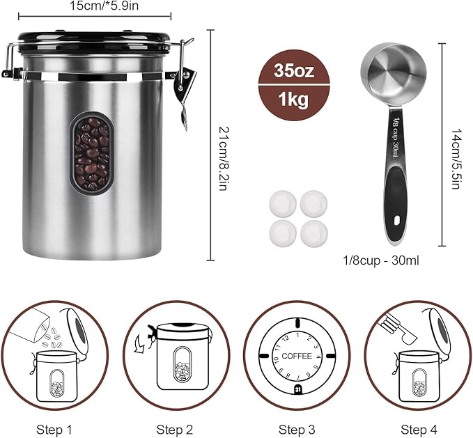 Airtight Coffee Canister with Date Tracker&Transparent Window, 35OZ Coffee Container with 30ML Measure Spoon&4 co2 Valve, Coffee Bean Storage Container for Grounds Coffee, Beans, Tea(Silver)
