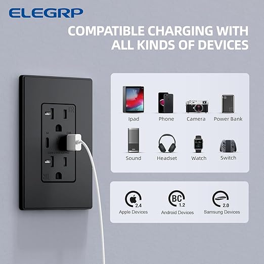 ELEGRP USB Charger Wall Outlet, USB A & C Ports, 20 Amp Duplex Tamper Resistant, NEMA 5-20R, Wall Plate Included, UL Listed, 30 Pack, Matte Black