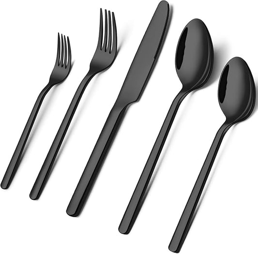KINGSTONE Black Silverware Set, 30 Piece Flatware Set for 6, 18/10 Stainless steel Cutlery Set for Home Kitchen and Restaurant