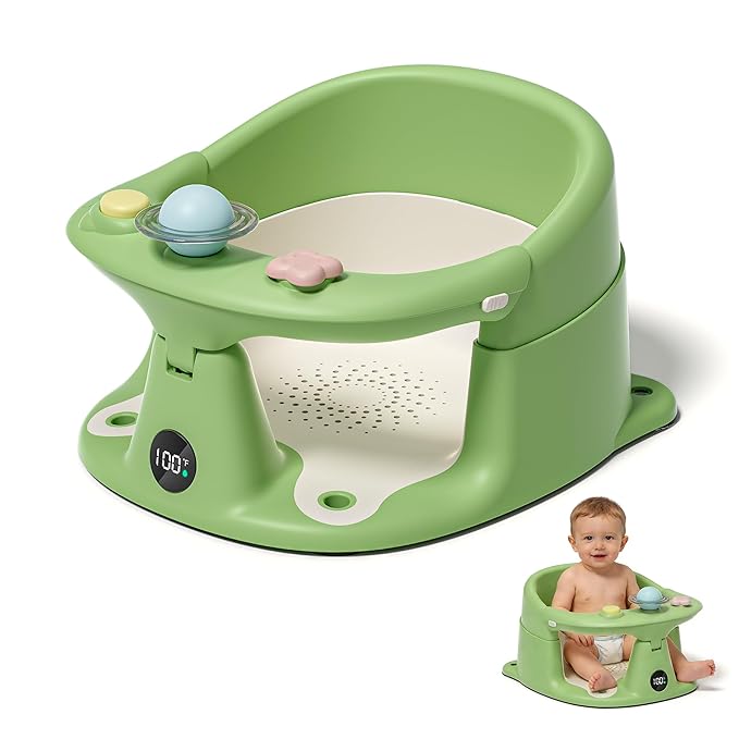 Baby Bath Seat for Babies 6 Months & up with Thermometer, Non-Slip Toddler Bath Seats for Sitting Up, Safe Infant & Newborn Bathtub Chair with 4 Suction Cups, Soft Cushion & Temperature Display, Green