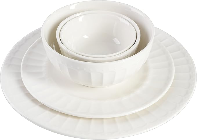 Gibson Home Zen Buffet Porcelain Ceramic Dinnerware Sets for 8, Plates and Bowls Set (40pcs), White Embossed Dishes