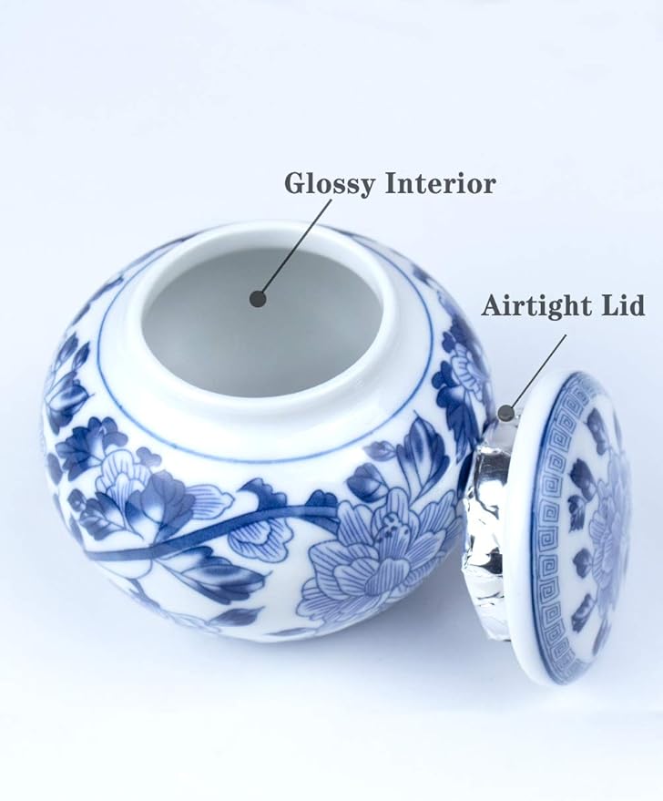 Dahlia Blue and White Porcelain Tea Canister for Loose Tea, Airtight Jingdezhen Tea Caddy, Peony 250 ML