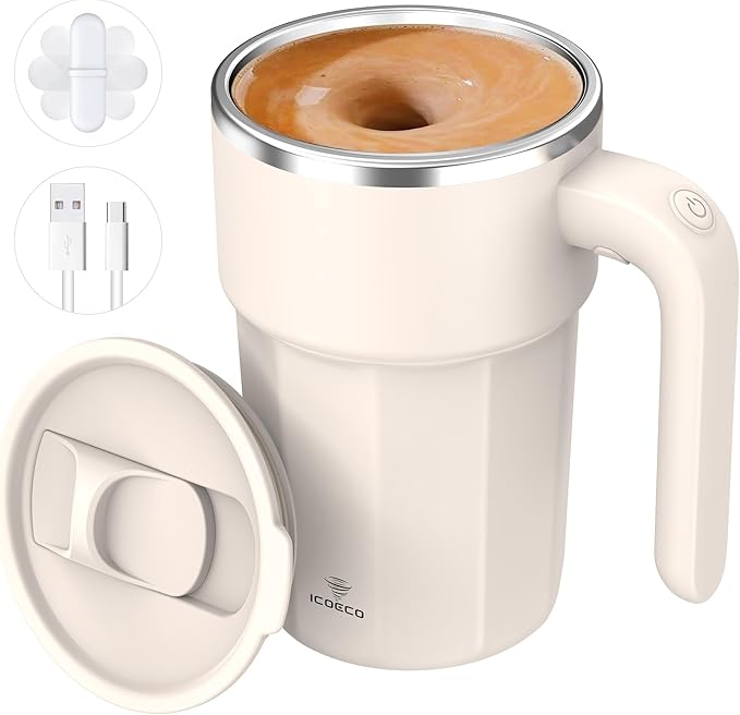 Self Stirring Coffee Mug, 12oz Rechargeable Magnetic Mixing Cup, 316 Stainless Steel Electric Stirring Cup with Lid & Handle for Coffee, Cocoa, Matcha, Creamer, Mushroom Coffee, Cream