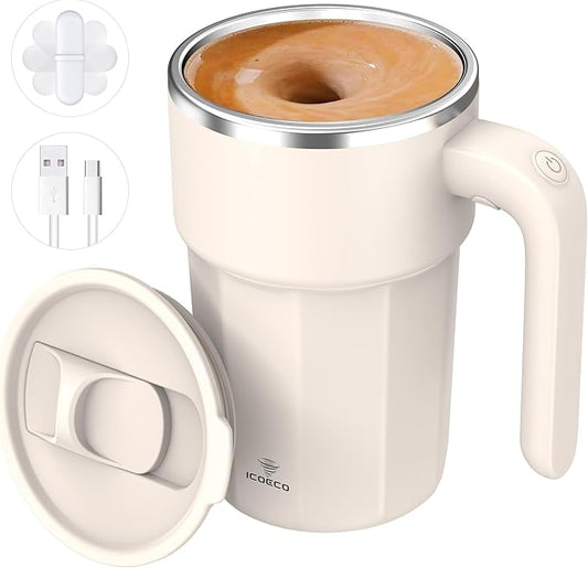 Self Stirring Coffee Mug, 12oz Rechargeable Magnetic Mixing Cup, 316 Stainless Steel Electric Stirring Cup with Lid & Handle for Coffee, Cocoa, Matcha, Creamer, Mushroom Coffee, Cream