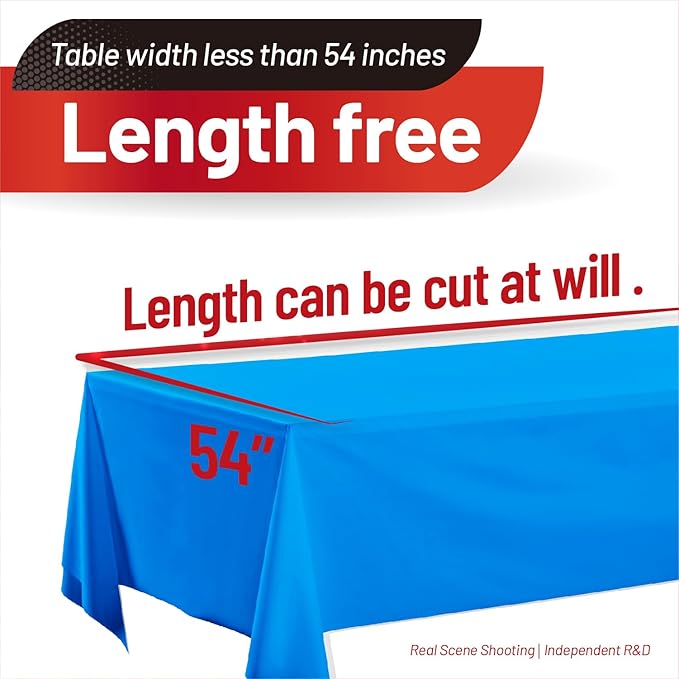 Plastic Table Cloth, 110 Ft X 54 in Disposable Tablecloth Blue Tablecloth Premium PEVA Plastic Table Cloth Disposable with Any Cut Sliding Cutters for Picnics, Parties, Birthdays, Festivals