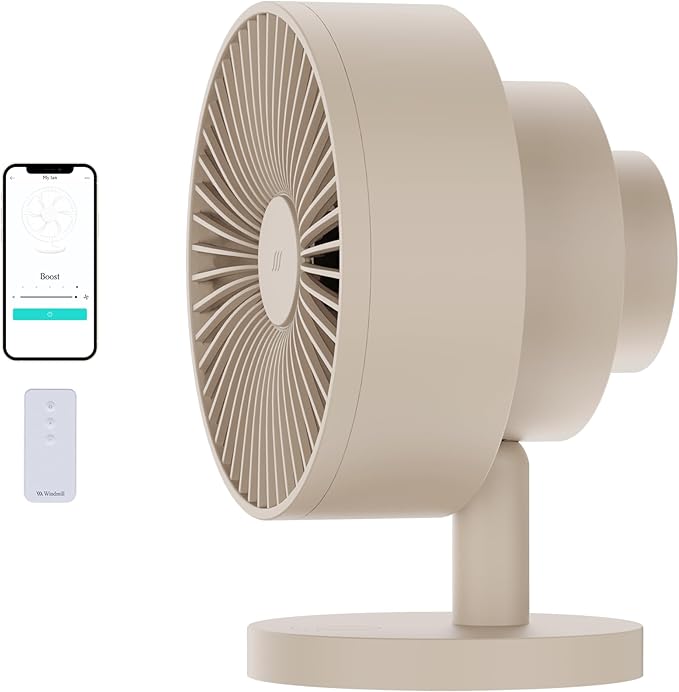 Windmill Smart Fan – Ultra-Quiet 2-in-1 Air Circulator with Remote – 5-Speed Compact Cooling Fan – Whisper-Quiet - App Compatible – Sand