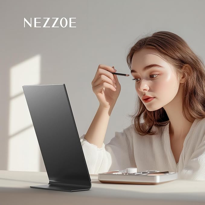 NEZZOE 12"x7" Frameless Flat Makeup Mirror, Free Standing Vanity Mirror for Bathroom Countertop, Desk or Jewelry Display, Perfect for Makeup & Shaving, Space Black