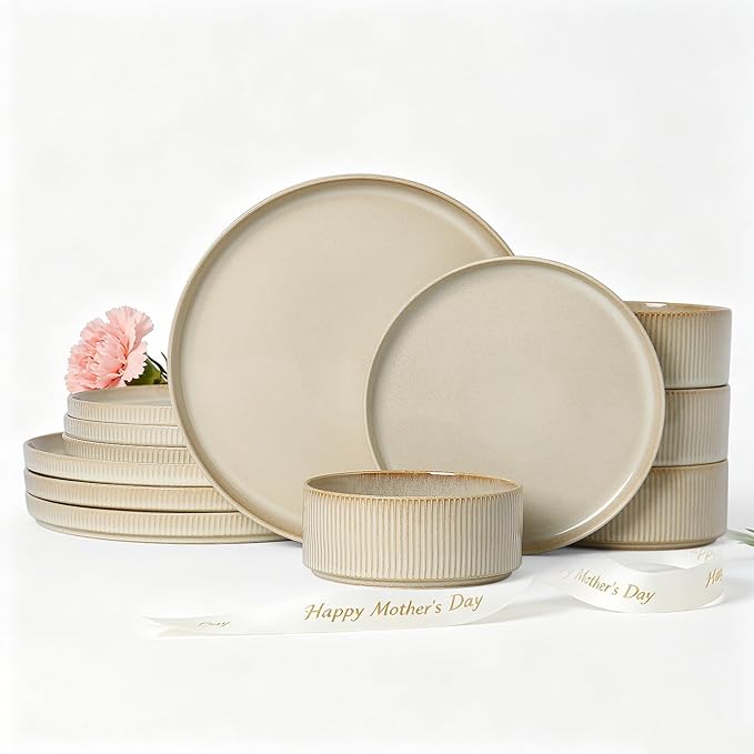 Stoneware Dinnerware Sets, Plates and Bowls Sets for 4, 12-Piece Ribbed Dishes – Chip & Scratch Resistant, Microwave and Dishwasher Safe Tableware, Beige
