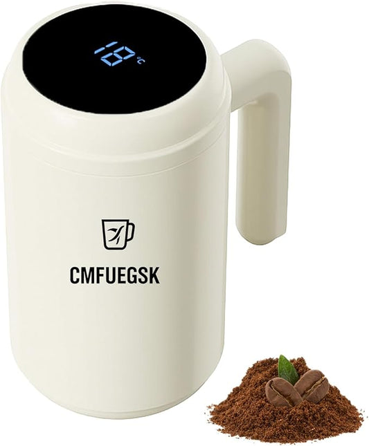 Self Stirring Coffee Mug with Temp Display, 316 Steel Auto Mixing Cup for Coffee, Milk, Protein – Gift for Friends, 14.2oz – Ivory White