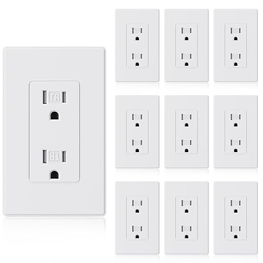 ELEGRP Matte White Tamper Resistant Decorator Wall Receptacle Outlet, 15A 125V Electrical Outlet, Residential Grade, Self-grounding, Screwless Wall Plate Included, UL Listed, 10 Pack