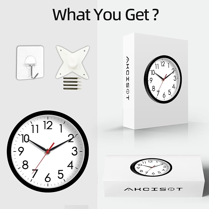 AKCISOT 8 Inch Wall Clock, Battery Operated Analog Clock, Silent Non-Ticking, Ideal for Bedroom, Bathroom, Kitchen, Office and School, Black